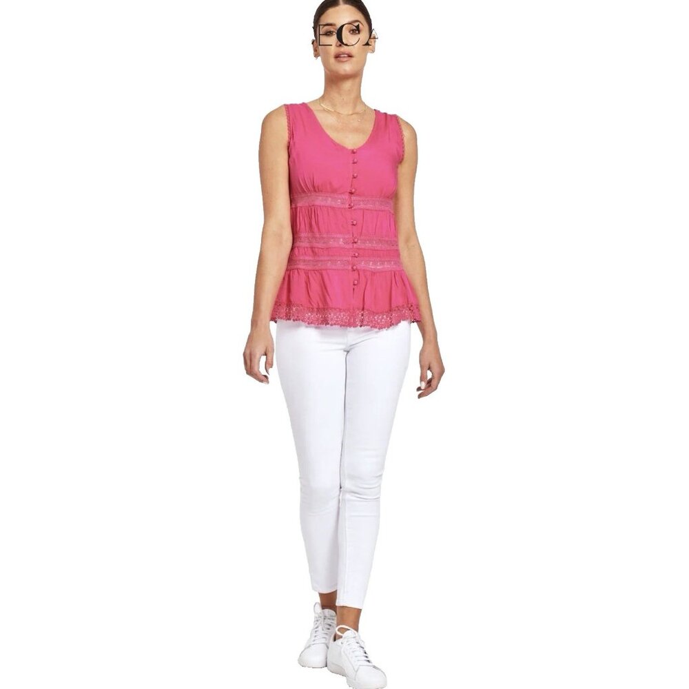 Dolce Cabo S Small PInk Lace Trim CottageCore Smocked Embellished Top NWT $84